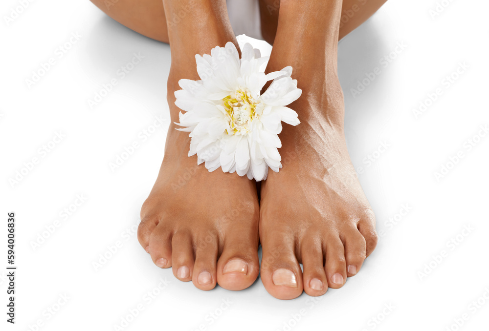 Woman, feet and pedicure with flowers, natural skincare and isolated on transparent png background. Closeup, beauty salon and barefoot with floral plants, aesthetic wellness or healthy nail cosmetics