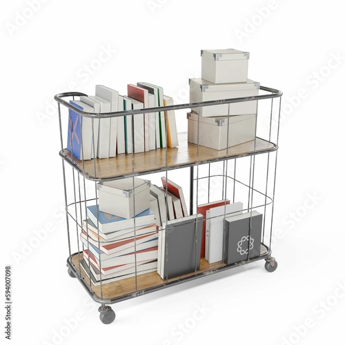 3D rendering of a metal cart with books and notepads on it isolated on a white background