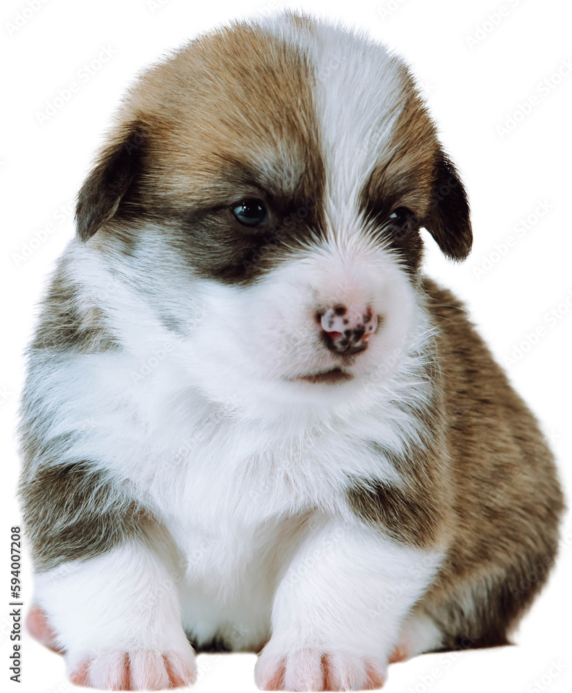 Tiny spotted brown, black and white Pembroke Welsh corgi pup sitting on white background. Animal care and pet grooming. Pet love and protection, healthcare and animal shelter. Cut out photo, close up Tiny spotted brown, black and white Pembroke Welsh corgi pup sitting on white background. Animal care and pet grooming. Pet love and protection, healthcare and animal shelter. Cut out photo, close up
