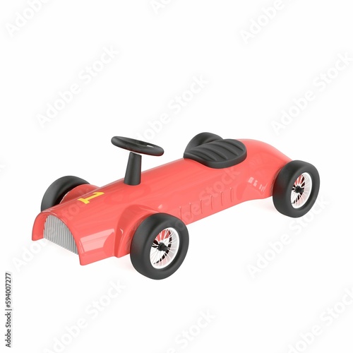 Closeup of a red pedal car toy on the white background