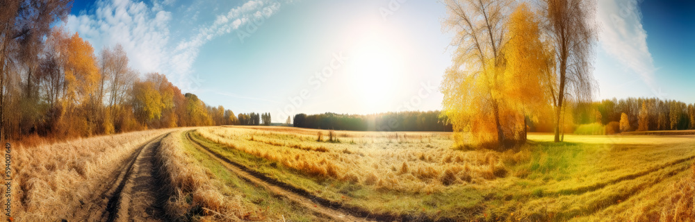 Trees in a field near the sun, in the style of panorama, pastoral charm, and colorscapes. Generative Ai.
