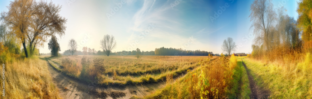 Trees in a field near the sun, in the style of panorama, pastoral charm, and colorscapes. Generative Ai.
