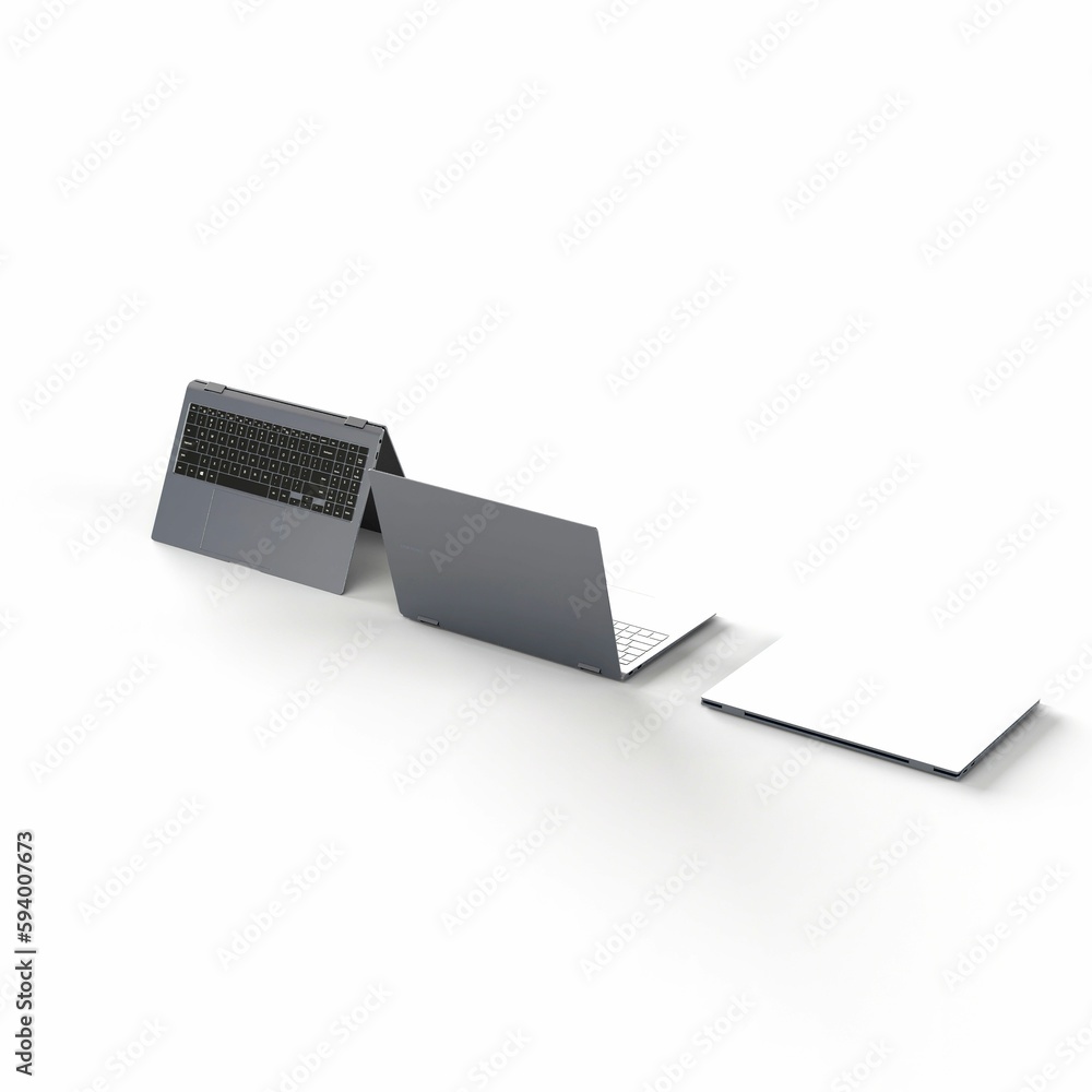 3d illustration of foldable laptops isolated on a white background 3d illustration of foldable laptops isolated on a white background
