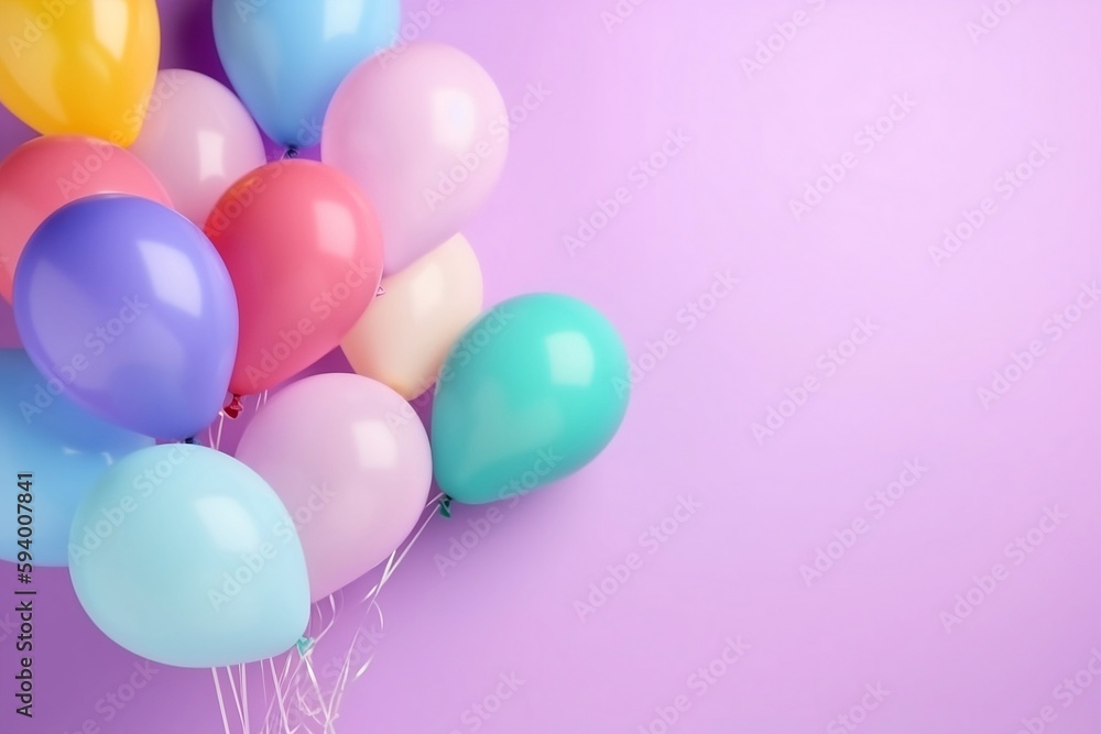 Balloons multicolored on pastel purple background. generative ai