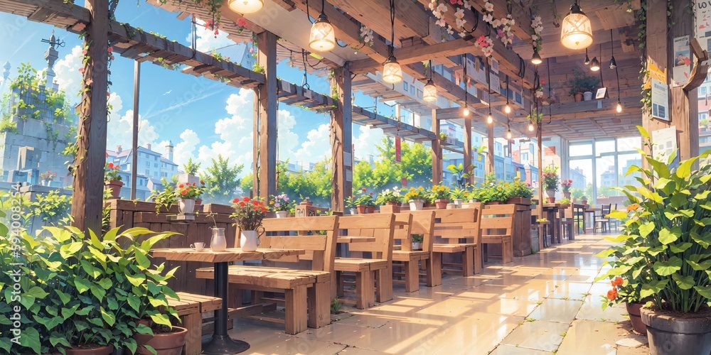anime style background, game background, plants in cafe, coffee shop, diner, dinner, generative ai, generative, ai