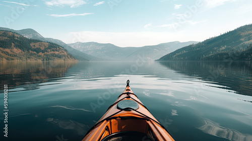 A kayak drifting on a calm lake surrounded by mountains. Generative AI