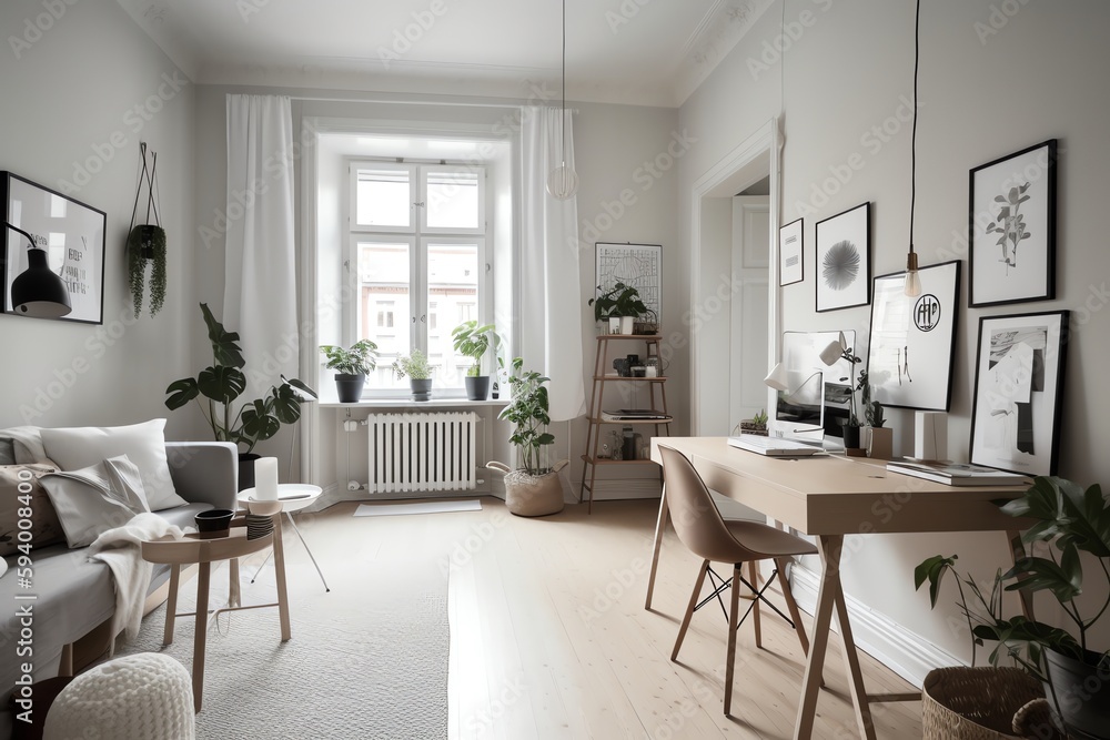 Beautiful Scandinavian living room with workspace. Generative AI Beautiful Scandinavian living room with workspace. Generative AI
