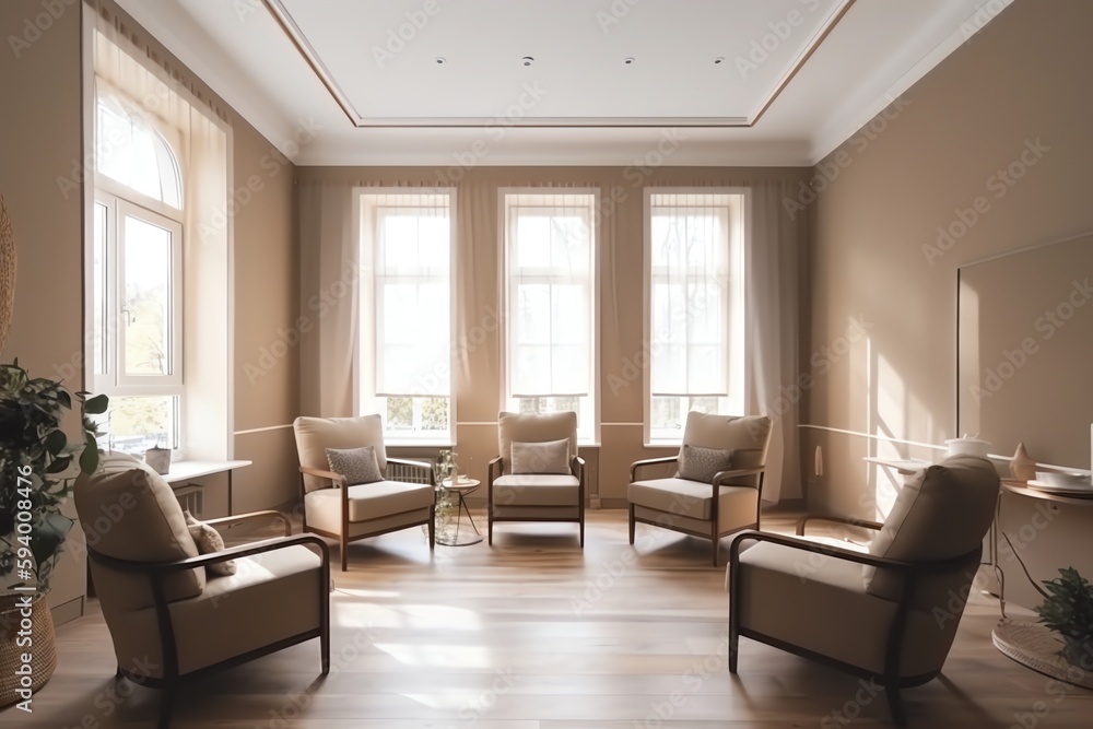 Beige relax room with armchairs and dinner table, panoramic window. Generative AI Beige relax room with armchairs and dinner table, panoramic window. Generative AI