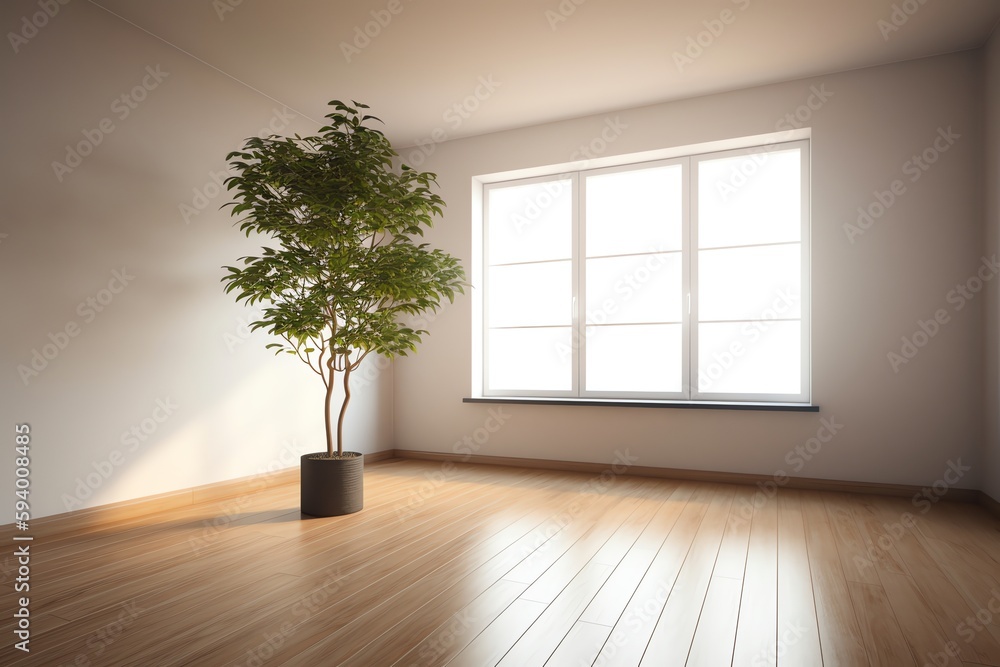 Empty room with plant and wooden flooring. Generative AI Empty room with plant and wooden flooring. Generative AI