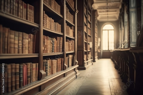 Blurred vintage bookshelves in public library interior. Generative AI