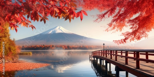 Colorful Autumn Season and Mountain Fuji at lake Kawaguchiko