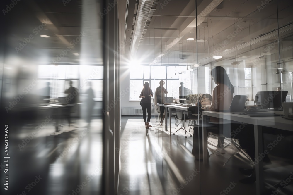 Office space with blurred people. Generative AI Office space with blurred people. Generative AI