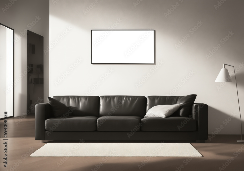 White living room design with mockup frame. Modern minimalistic interior background, 3d render with copy space. Interior design with white black sofa White living room design with mockup frame. Modern minimalistic interior background, 3d render with copy space. Interior design with white black sofa
