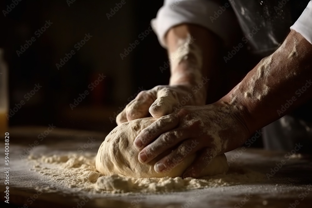 Baker kneading dough, close-up shot. Generative ai