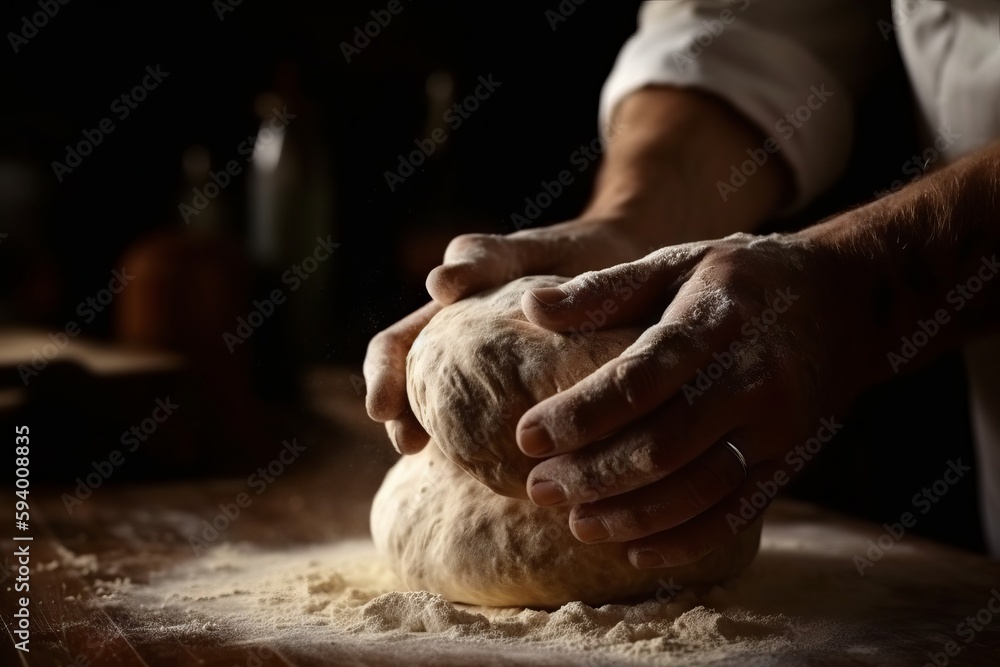 Baker kneading dough, close-up shot. Generative ai Baker kneading dough, close-up shot. Generative ai