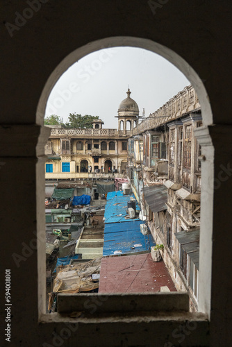 Old Delhi, India - March 30, 2023: The Gadodia market building at the Spice Market at Khari Baoli Road.