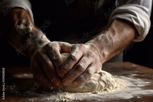 Baker kneading dough, close-up shot. Generative ai