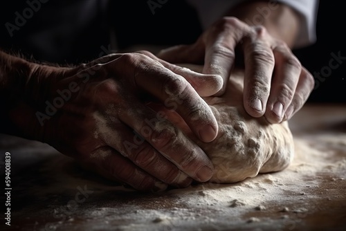 Baker kneading dough, close-up shot. Generative ai