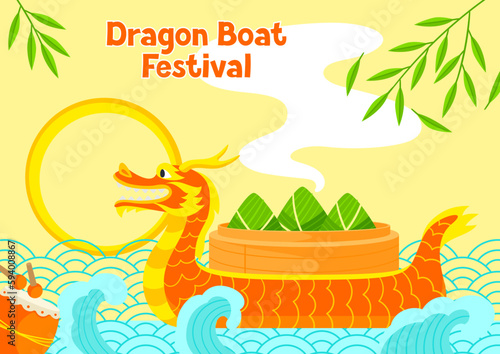 Happy Dragon Boat Festival greeting card. Chinese Duanwu holiday. Traditional food zongzi rice in bamboo leaves.