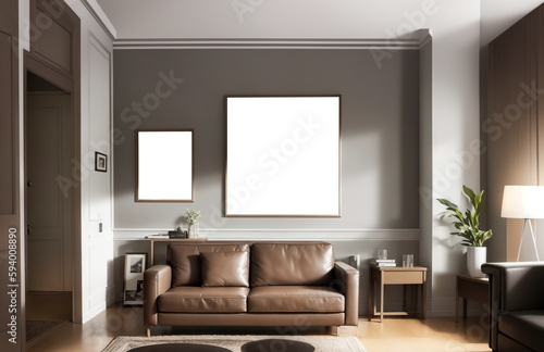 White living room design with mockup frame. Modern minimalistic interior background  3d render with copy space. Interior design with white brown sofa