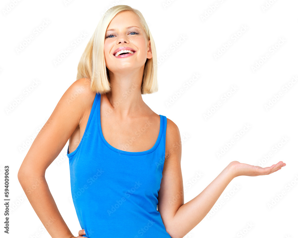 Woman, presentation and smile in portrait with marketing, product placement isolated on transparent or png background. Offer, show with branding, promo and advertising with happy female with deal Woman, presentation and smile in portrait with marketing, product placement isolated on transparent or png background. Offer, show with branding, promo and advertising with happy female with deal
