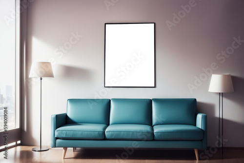 White living room design with mockup frame. Modern minimalistic interior background, 3d render with copy space. Interior design with blue leather sofa © Roman