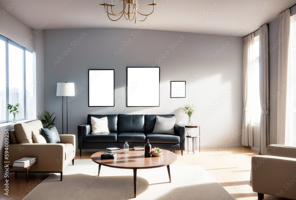 White living room design with mockup frame. Modern minimalistic interior background, 3d render with copy space. Interior design with white black sofa White living room design with mockup frame. Modern minimalistic interior background, 3d render with copy space. Interior design with white black sofa