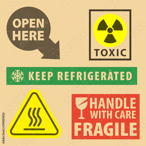 Set of fragile sticker keep refrigerated and case icon packaging symbols sign, open here, and toxic package rubber stamp on cardboard background, vector illustration. Use on package.