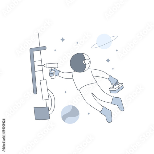 Astronaut or Cosmonaut repair satellite or spaceship with floating at space for under construction error page empty state illustration