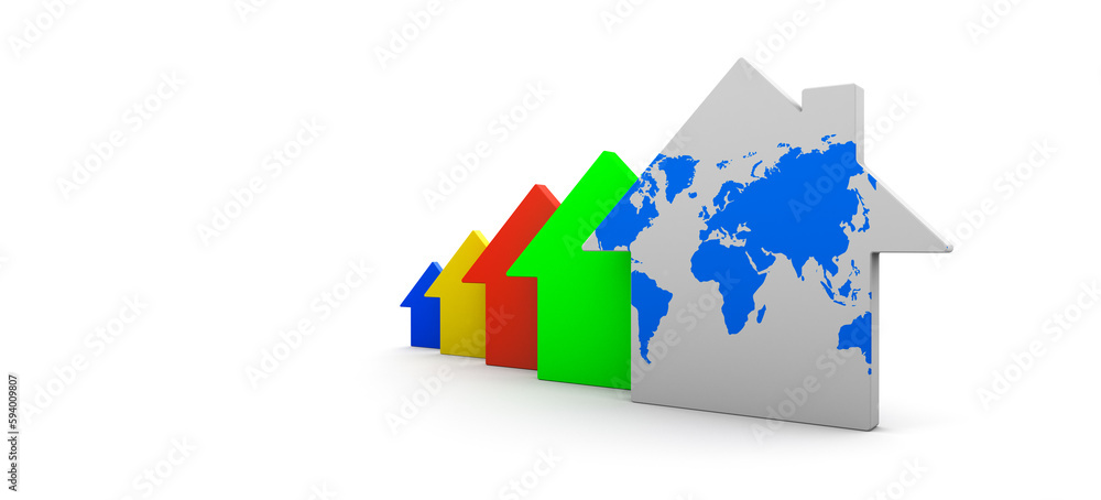 Colored houses on a white background. Map of the Earth. Copy space. 3D rendering. Illustration. Colored houses on a white background. Map of the Earth. Copy space. 3D rendering. Illustration.