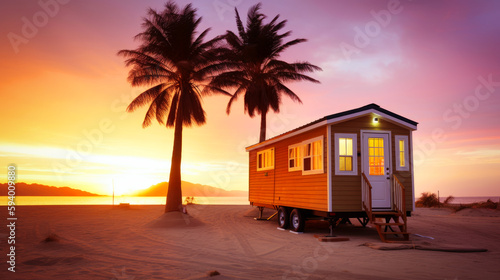 tiny house on the beach at sunset. generative ai. © jozefklopacka