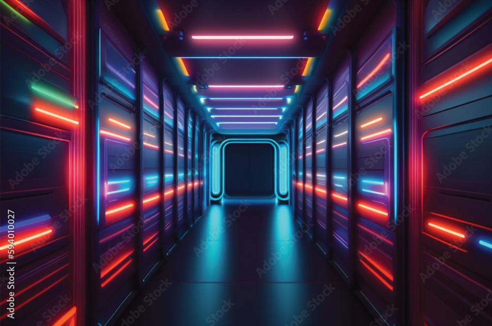 Virtual Reality Space Corridor with Fantastic Neon Tunnel and AI on Dark Multicolored Abstract Background Generative AI