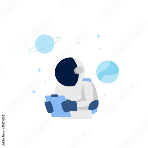 Astronaut or cosmonaut at space planet holding clipboard report for metaphor support or costumer service error page for empty state ui element illustration