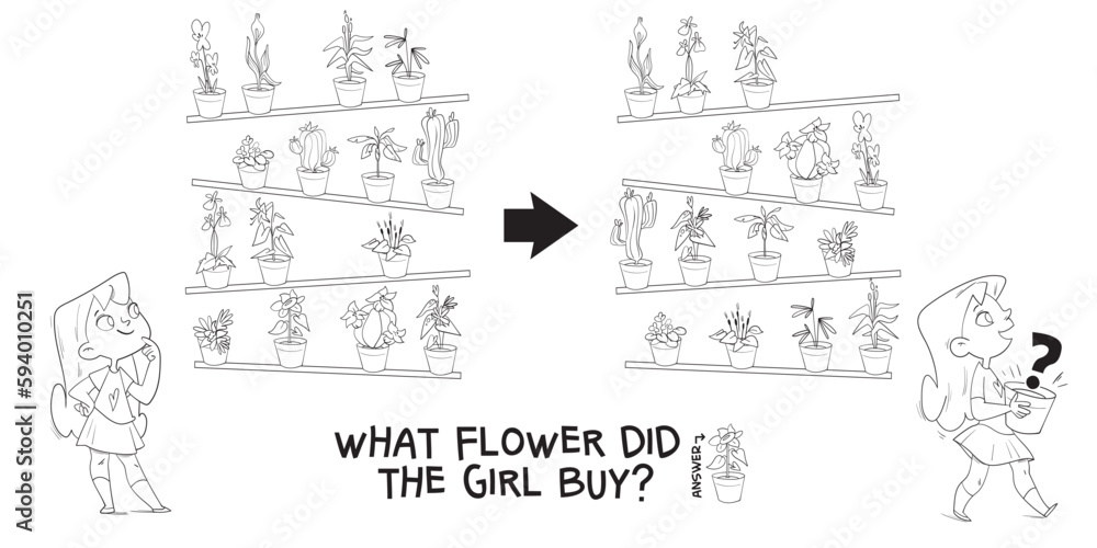 Obraz premium Find the differences puzzle game. What flower did the girl buy. Find hidden objects in the picture. Puzzle Hidden Items. Educational game for children. Coloring book. Cartoon characters
