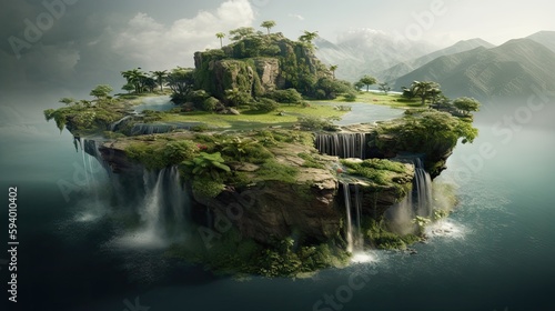 Beautiful fantasy floating island with waterfalls - Generative AI