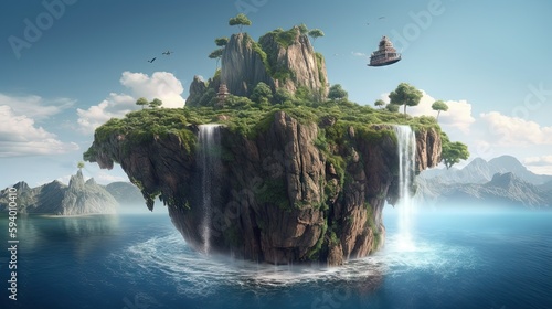 Beautiful fantasy floating island with waterfalls - Generative AI