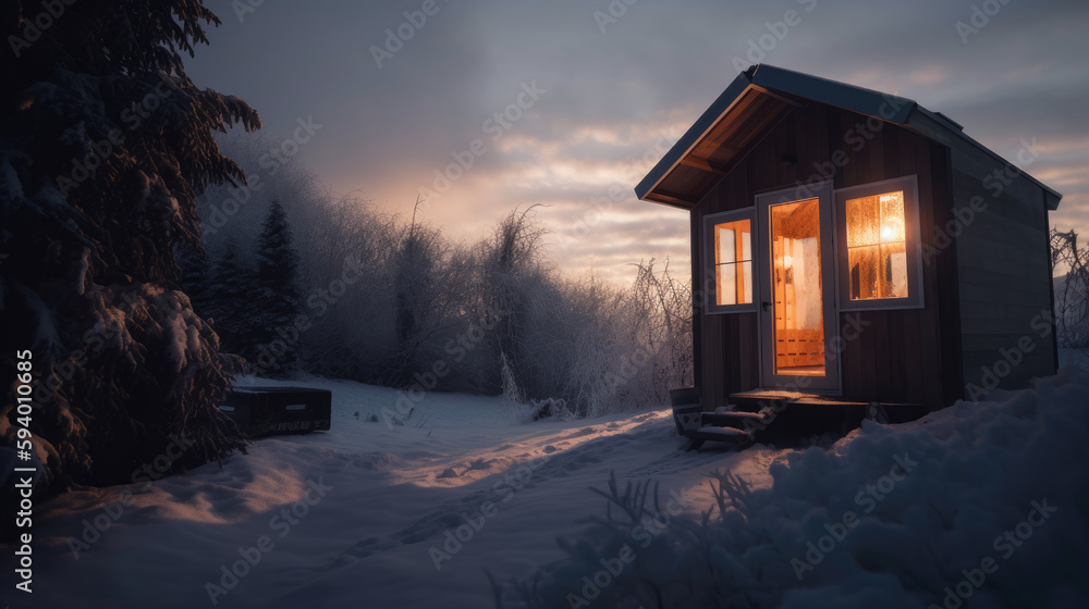 tiny house in winter mountain. generative ai. tiny house in winter mountain. generative ai.