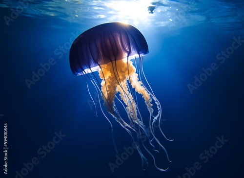 A large jellyfish in the ocean near the surface. AI generative illustrations