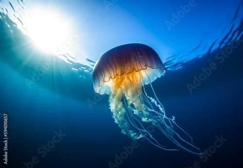 A large jellyfish in the ocean near the surface. AI generative illustrations © Stephen VanHorn
