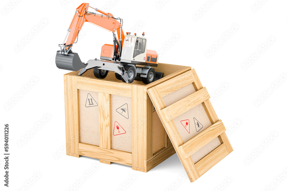 Excavator inside wooden box, delivery concept. 3D rendering Excavator inside wooden box, delivery concept. 3D rendering