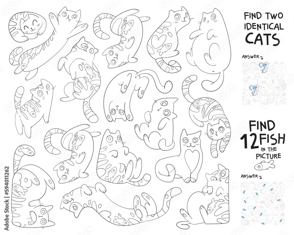 Find two identical cats in the picture. Find 10 fish in the image. Find hidden objects in the picture. Puzzle Hidden Items. Educational game for children. Coloring book. Cartoon characters
