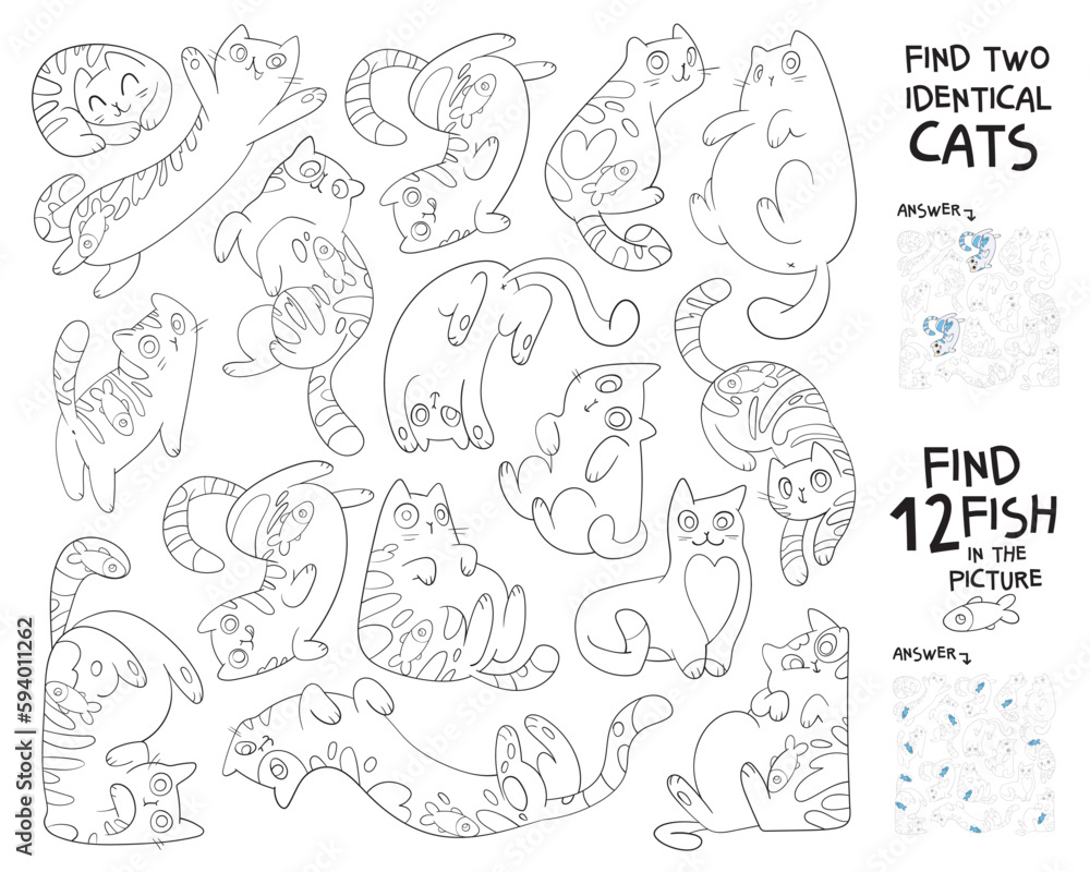 Find two identical cats in the picture. Find 10 fish in the image. Find hidden objects in the picture. Puzzle Hidden Items. Educational game for children. Coloring book. Cartoon characters Find two identical cats in the picture. Find 10 fish in the image. Find hidden objects in the picture. Puzzle Hidden Items. Educational game for children. Coloring book. Cartoon characters