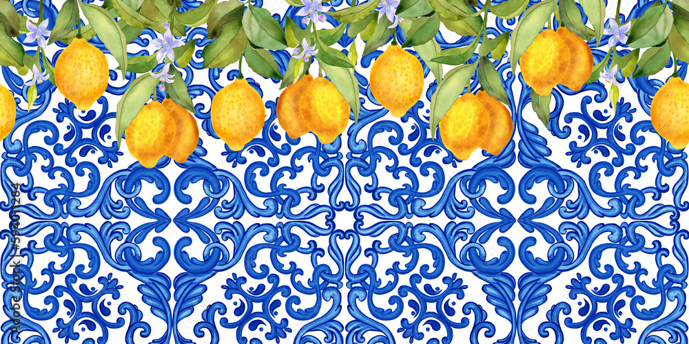 Lemons on a branch and Sicilian majolica seamless horizontal pattern