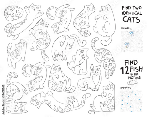 Find two identical cats in the picture. Find 10 fish in the image. Find hidden objects in the picture. Puzzle Hidden Items. Educational game for children. Coloring book. Cartoon characters