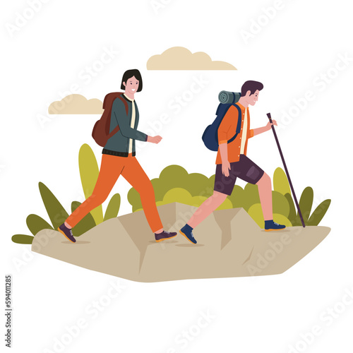 Vector illustration of outdoor activity hiking. Illustration for website, landing page, mobile app, poster and banner. Trendy flat vector illustration