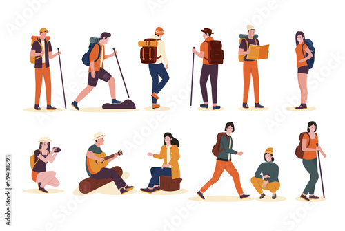 Collection design of outdoor people activity hiking and camping. Illustration for website, landing page, mobile app, poster and banner. Trendy flat vector illustration