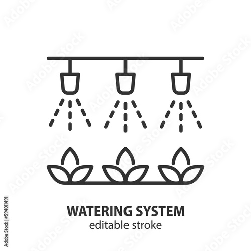 Automatic watering system line icon. Agriculture equipment vector symbol. Field or greenhouse irrigation illustration. Smart farming. Editable stroke.