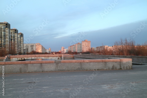 City block in spring at sunset