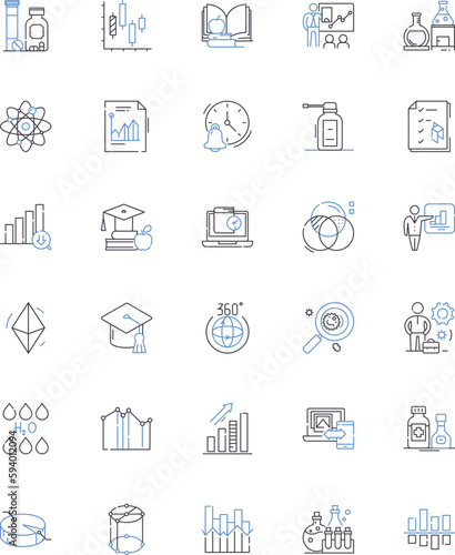 Chemistry line icons collection. Atoms, Elements, Molecules, Reactions, Bonding, Acids, Bases vector and linear illustration. Solutions,Equations,Stoichiometry outline signs set