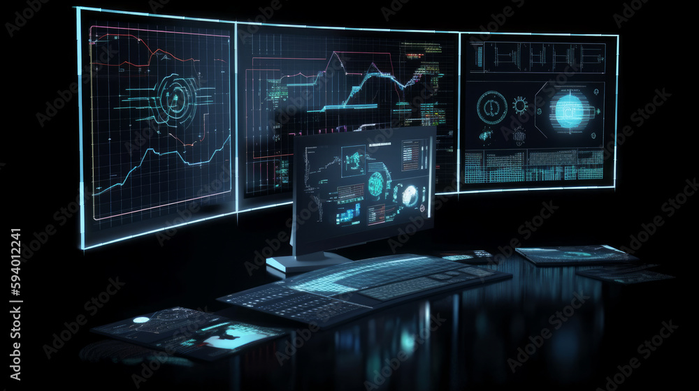 A computer room with multiple monitors and a display of data. AI A computer room with multiple monitors and a display of data. AI